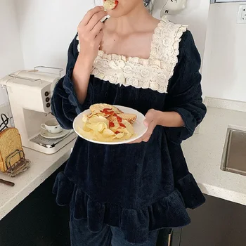 

Vintage Thick Fleece Women's Pajamas Sets Elegant White Lace Long Sleeve Sleepwear Suits Winter Autumn Sweet Pyjamas