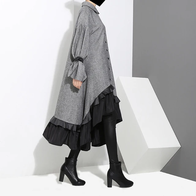 [EAM] 2022 New Spring Lapel Long Sleeve  Bandage Solid Color Gray Big Hem Irregular Loose Dress Women Fashion Tide JD717 2