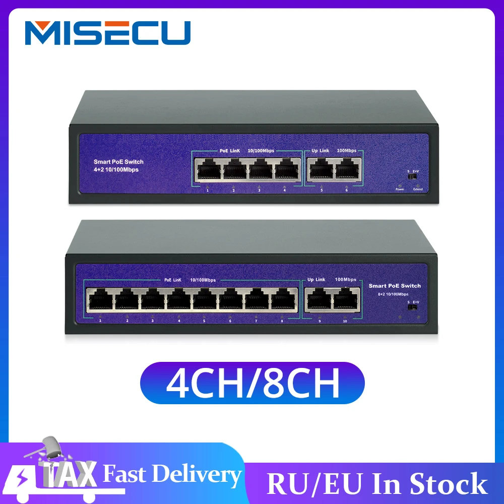 MISECU-Conmutador POE de red para sistema inalámbrico de cámara AP/CCTV, interruptor de 48V con 4/8 puertos, 10/100 Mbps, Ethernet y IEEE 802.3 af/at para cámara IP