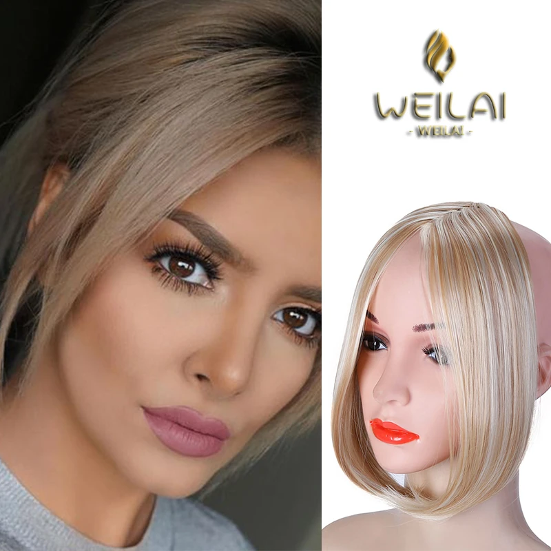 WEILAI-Extensión de flequillo lateral para cabello, extensiones de cabello sintético Natural Real con Clip largo en la parte frontal