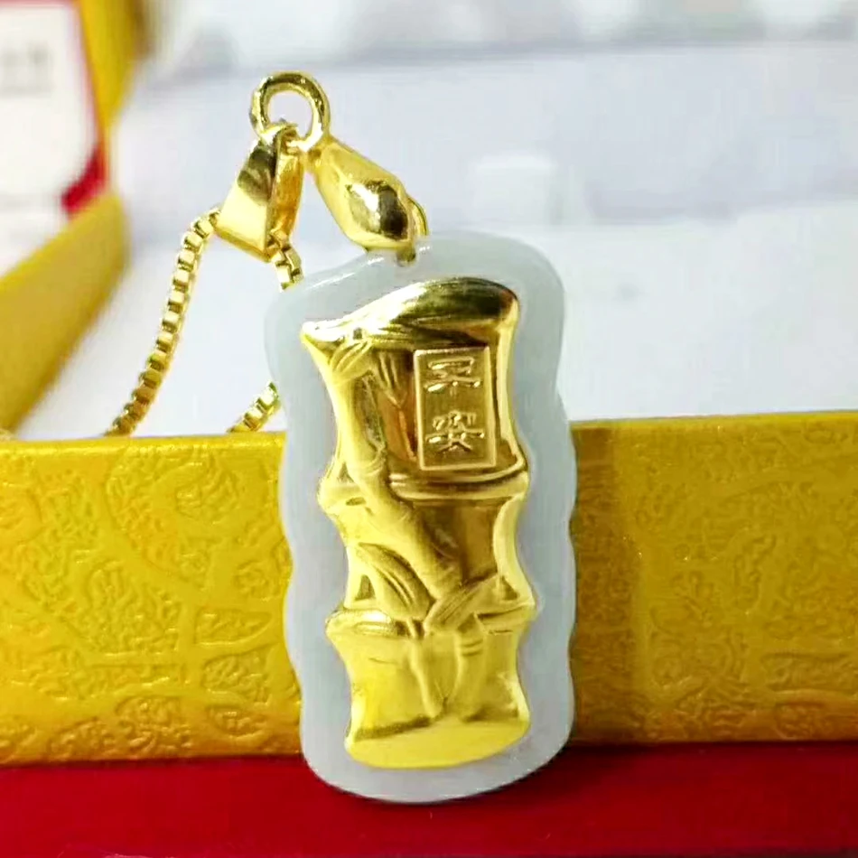 

Jadery Luxury Jewelry Ethnic Classic Jade Pendant Necklace Men Women CZ Bamboo Pure Gold Chain Statement Necklace Ladies Gifts