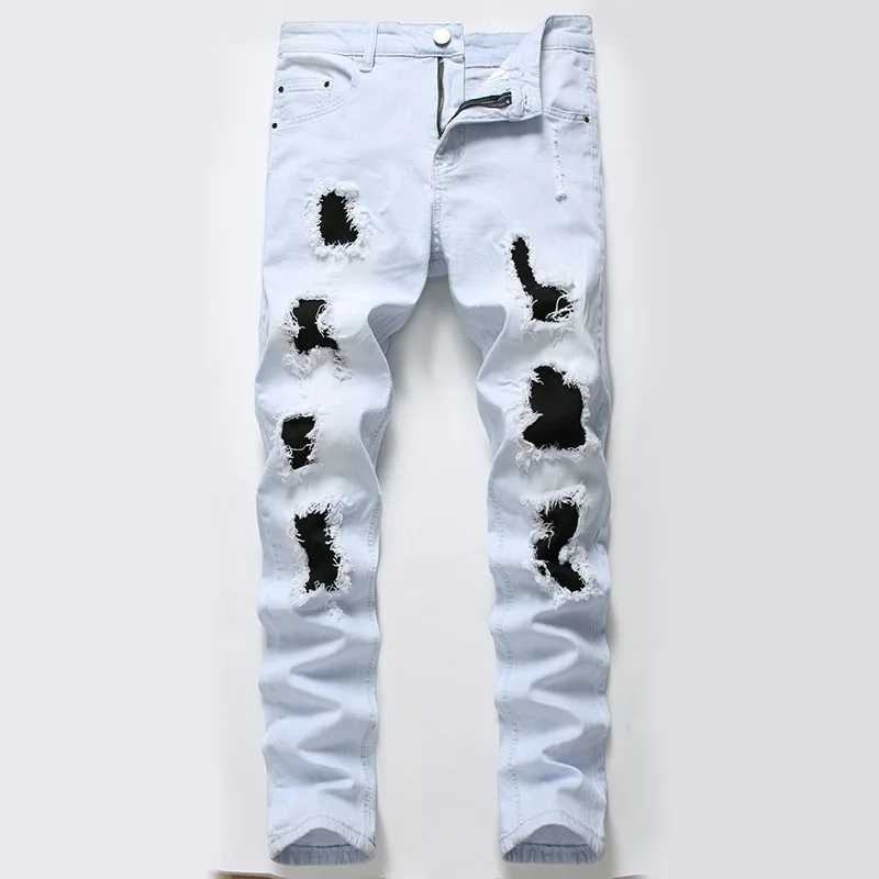 

New Men's Ripped Jeans Stretch Slim Light colored Jeans Men's Straight Big Size Patch Beggar Pants Men Clothing