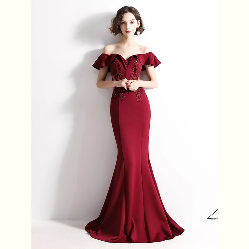AE488 Wine red 2019 New See-through Appliques Beaded Long Evening Dress Off the Shoulder Elegant Party Dress