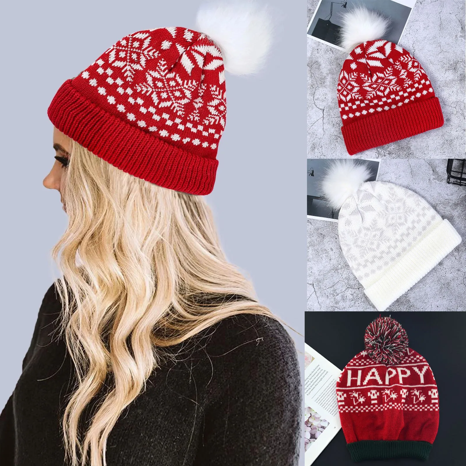 

Women Red Wool Ball Christmas Snowflake knitted Beanie Soft & Winter Warm Chunky Beanies Woolen Hats 5*
