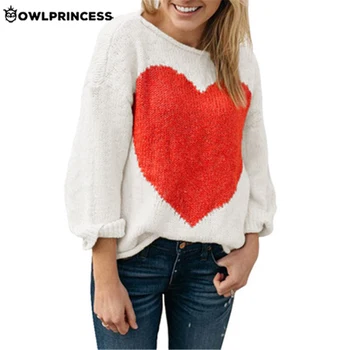 

OWLPRINCESS New Fashionable Off Shoulder Knitted Sweater Long Sleeve Heart Pattern Women Sweaters Warm And Comfortable Pullover