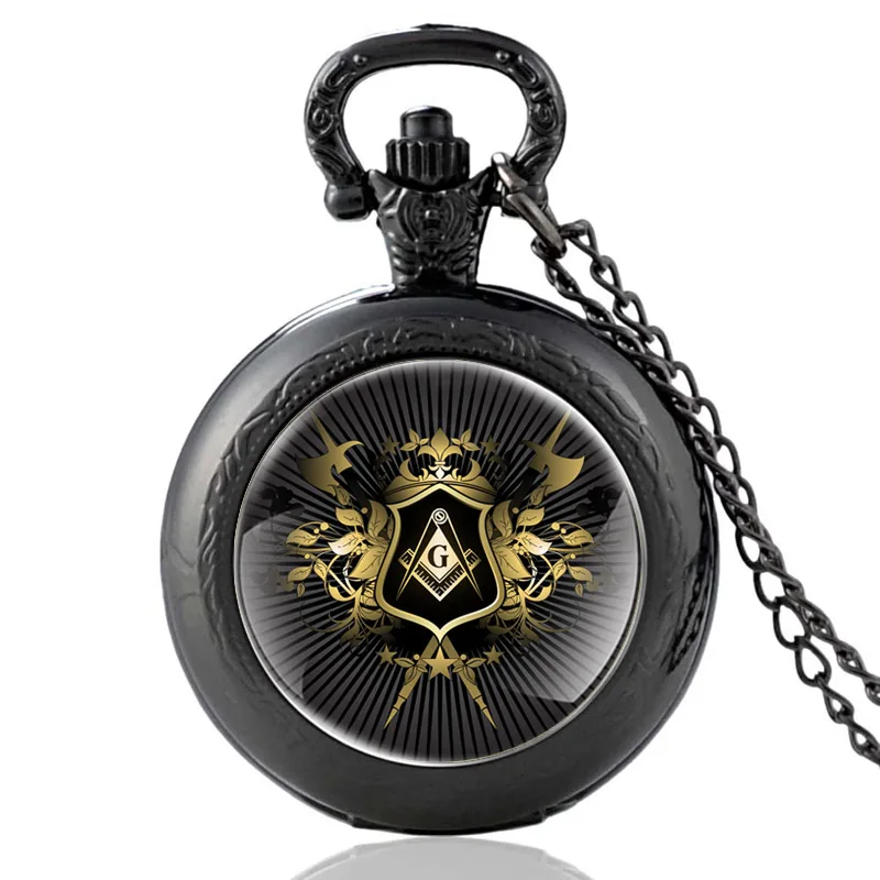 

New Arrivals Black Freemason Design Glass Cabochon Quartz Pocket Watch Vintage Men Women Pendant Necklace Chain Clock Gifts