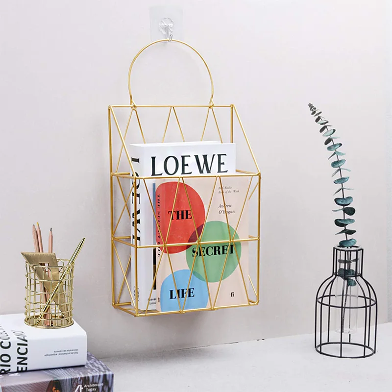 File Organizer with Pencil Cup Gold Wire Metal Document Storage Holder Magazine Rack for Office and Home, 2 Pack(Hanging