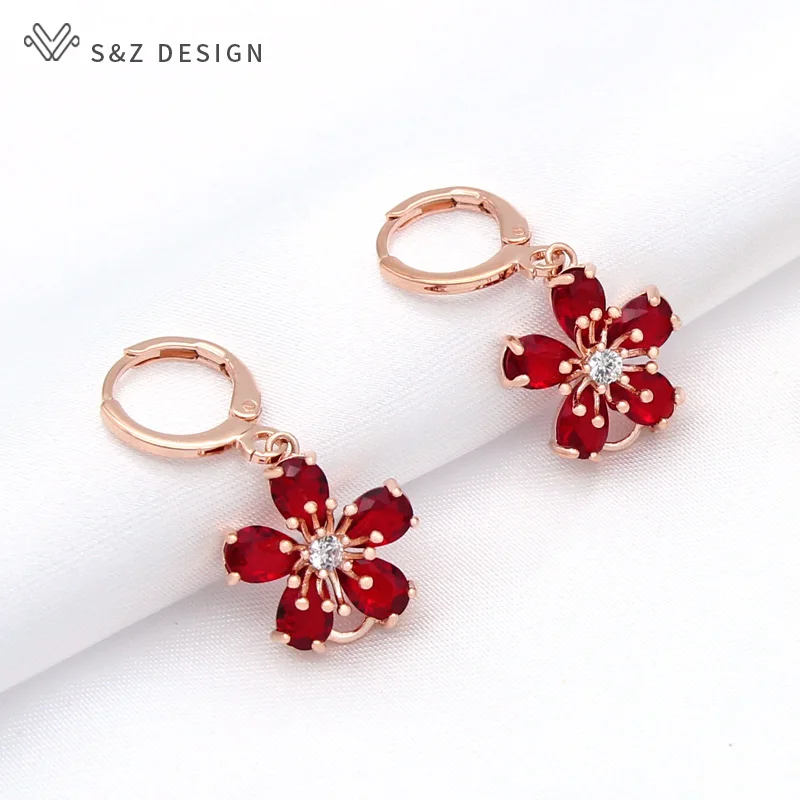 S&Z DESIGN New Fashion Cute Red Flowers Cubic Zirconia Dangle Earrings Jewelry Sets Pendant Necklace For Women Wedding Jewelry