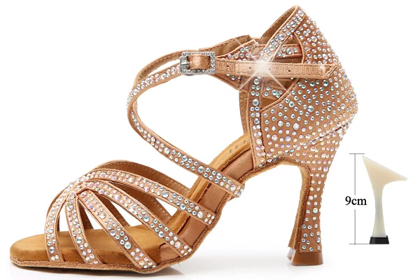 DILEECHI Latin dance shoes women's Ballroom dancing shoes Bronze satin Shining Rhinestone Cuban high heel 9cm Salsa Beige Black - Цвет: bronze as picture 9