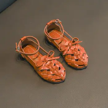 

New Fashion Leather Weave Empty Bowtie Summer Childrens Small Kids Soft Bottom Sandals Girls Beach Shoes 3 4 5 6 Years