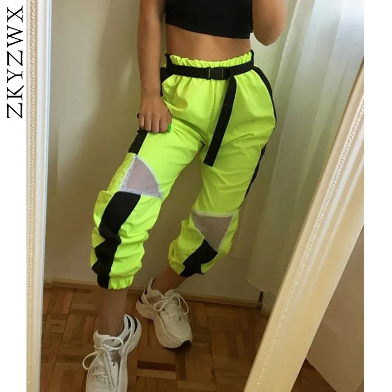 ZKYZWX неоновые зеленые Лоскутные Jogger Брюки женские Высокая талия луч ноги брюки 2019 осень уличная мода повседневные Хип Хоп брюки