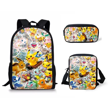 

Fashion 3PCs/Set Children's Backpack Pokemon Prints Pattern School Bags Set Cartoon Pikachu Design Tennagers Book Bags