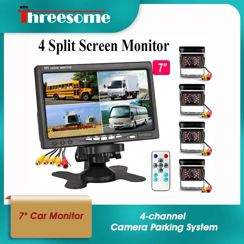 

7" Car Monitor 4-channel Camera Parking System TFT Split Screen Video Input Waterproof Infrared Rear Cameras Reverse Assistance