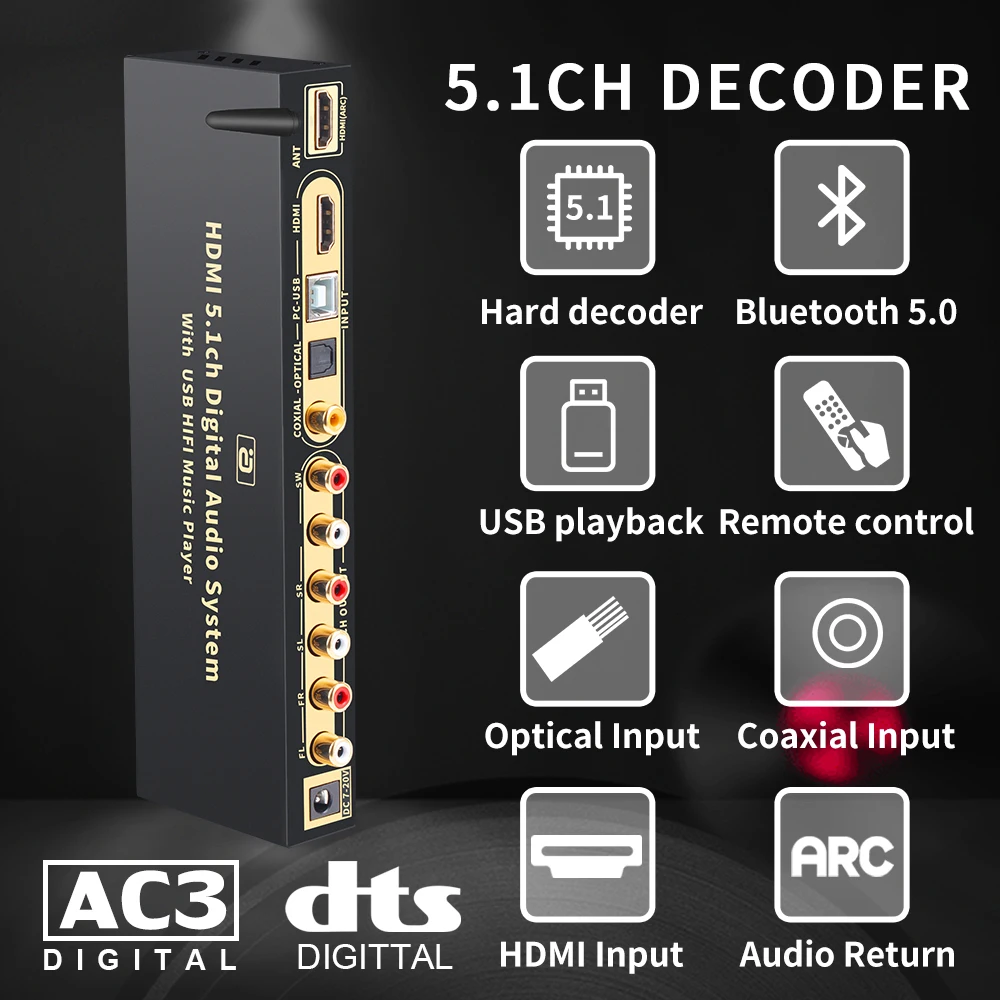 HD820B 5.1CH Audio Converter Decoder Bluethooth 5.0 DAC  HDMI-compatible  ARC SPDIF Coaxial RCA DTSHD AC3 FLAC APE 4K*2K 192khz