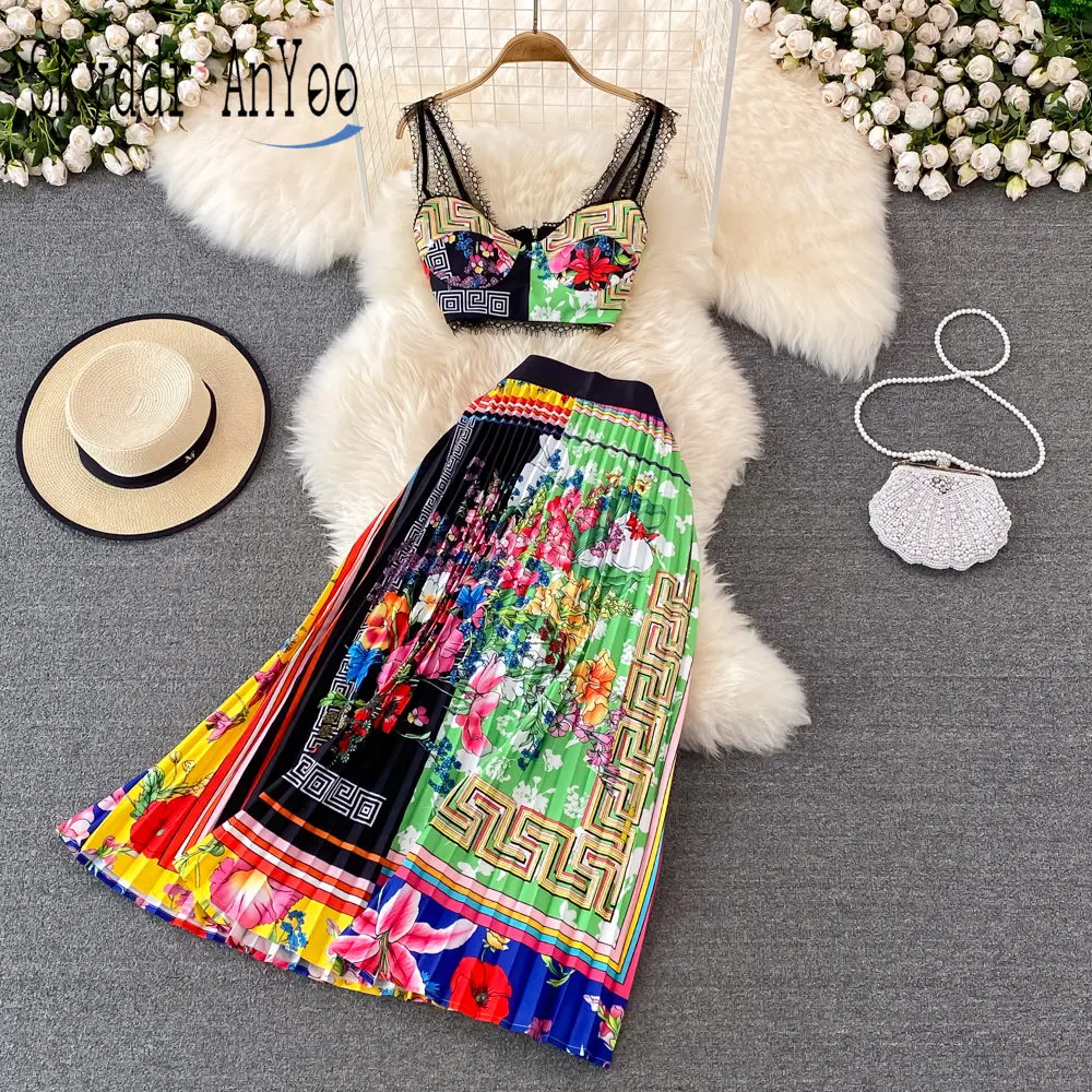 

2022 Summer Boho Beach Holiday Two Piece Set Women Skirt Suit Sexy Strapless Crop Top And High Waist Pleated Long Skirt Outfits