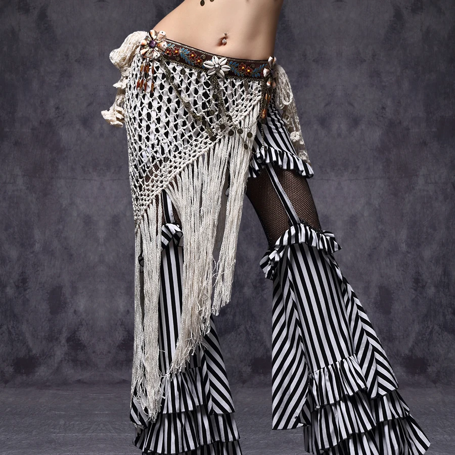 Tribal Hip Scarf White Belly Dance Costumes Belt Tassel Coin Scarf Hip Gypsy Bellydance Style Handmade Dance Accessories