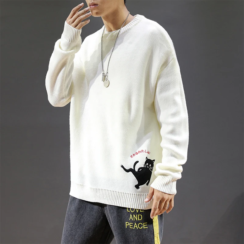 Дропшиппинг свитеры хлопок Кот Вышивка свитеры японская зимняя уличная одежда винтажный свитер осень мужские однотонные Топы - Цвет: White(AsianSize)