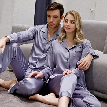 

2020 Spring New Pajamas Female 2PCS Shirt&Pants Nightwear Casual Satin Kimono Gown Lovers Sleep Set Intimate Lingerie Pyjamas