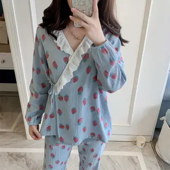 

New Pure Cotton Pajamas Long Sleeve Sweet Palace Style Wind Pyjamas Lace V Neck Sleepwear