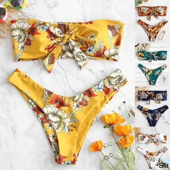 

2020 Hot Women's Bikini Set Strapless Bandeau With Floral Print Knot Swimsuit Bikini Set Thong Bathing Suit Maillot De Bain