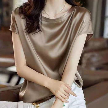 여성용 얇은 실크 반팔 티, 한국 스타일 슬립, 우아한 블랙 브라운 상의, 솔리드 루즈 캐주얼 4XL, 여름 옷