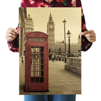 

London Red Telephone Booth Kraft Paper Poster Livingroom Bedroom Home Decor Retro Landscape Wall Sticker 51.5x36 Cm
