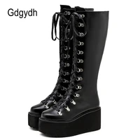 Gdgydh 2021 New Ladies Knee High Boots Wedges Shoes Lace Up Darkness Girls Platform Boots Winter Punk Gothic Zipper Drop Ship