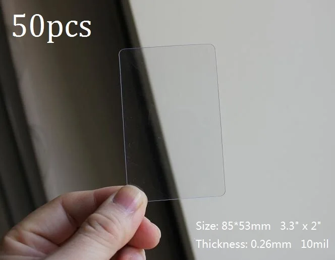 Tarjeta de visita de plástico transparente, 50 Uds., 85x53mm, acetato de PVC con película protectora, 0,26mm de grosor