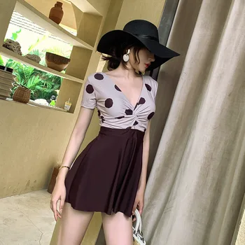 

Sexy One Piece Swim Suits Swimsuit Female 1 Women Bathers One-Piece Bikini Swimsuits With Skirt Backless Hot Slim Dot Polyester