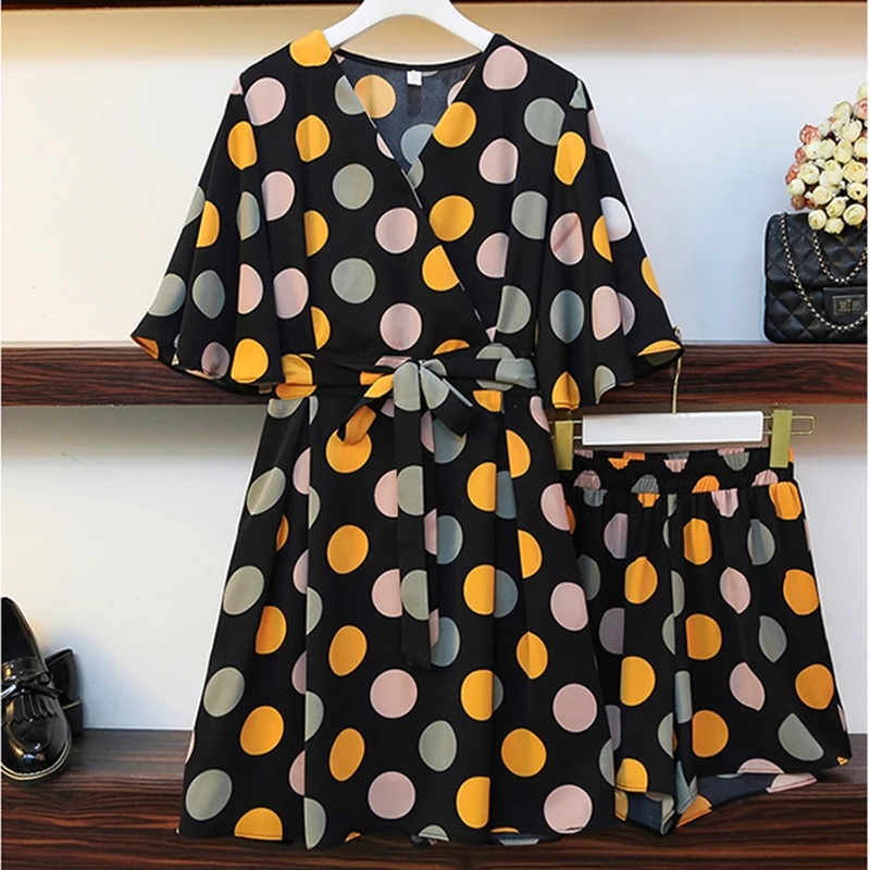 

Summer 2021 Women Dot Print Japanese Dress Sets Chiffon Short Sleeve Dress And Shorts Female Loose 2 Piece Women Sets Plus Size