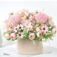Special Price European Fake Rose Peony Flower Small bouquets Home Decor,Artificial Wedding Flowers Hydrangea Pompom Light Color Faux Flowers