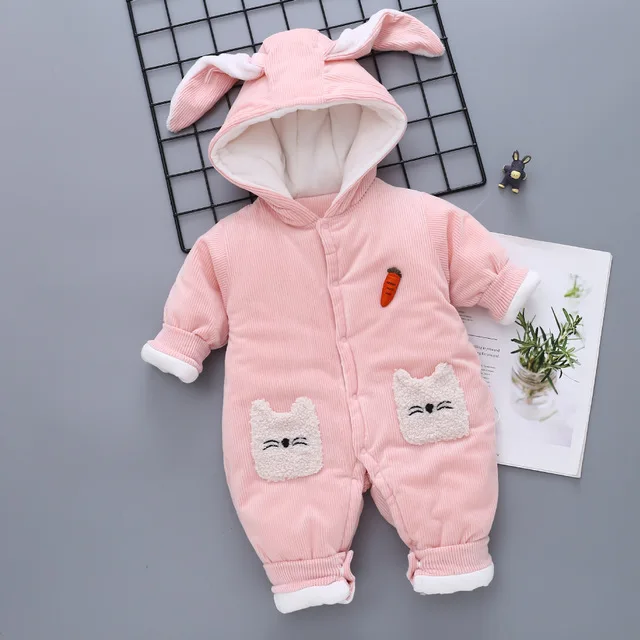 Rabbit Pink Коллекция года, детские комбинезоны с капюшоном для новорожденных, осенне-зимняя плотная верхняя одежда для маленьких мальчиков и девочек Весенняя хлопковая одежда с длинными рукавами для детей от 0 до 12 месяцев - Цвет: Rabbit Pink