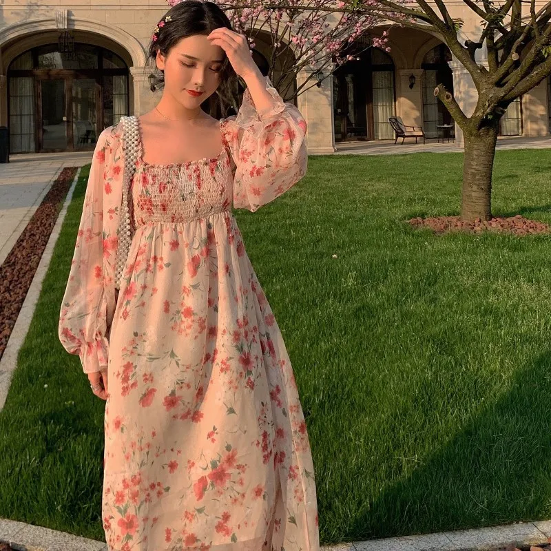 2019 женское шифоновое длинное платье с квадратным вырезом и длинным рукавом