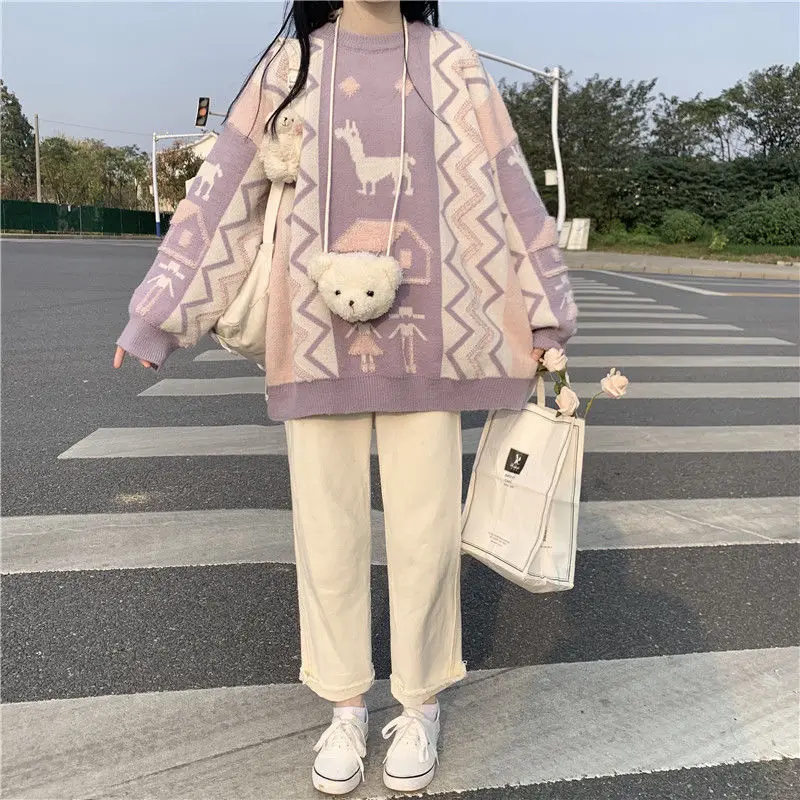 white sweater Japanese vintage sweater women wear lazy style in autumn and winter Korean style loose student sweet and cute short knit sweater long sweater