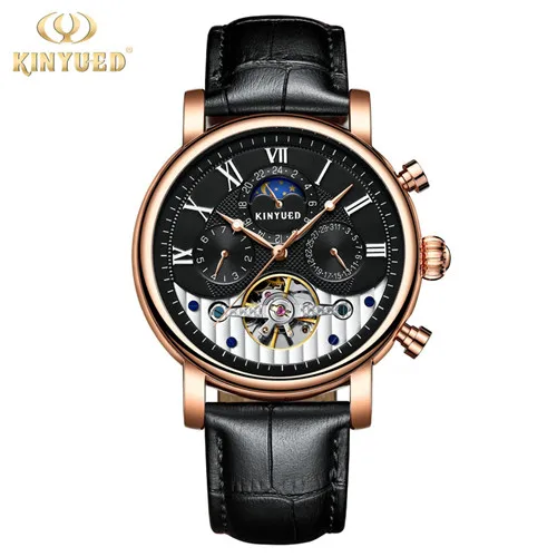 Black gold KJ018 KINYUED автоматические часы мужские люксовый бренд Moon Phase Мужские механические часы со скелетом relogio masculino водонепроницаемые reloj hombre - Цвет: Black gold KJ018
