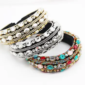 

European Luxury Glass Rhinestones Hair Hoop Baroque Wide Side Headband Female Headwear Decorations Accessories Gifts