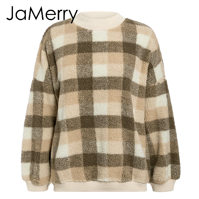 JaMerry, винтажные, повседневные, из овечьей шерсти, в клетку, женские толстовки, свитшоты, пуловер, свободный, женский, толстовка, осень, зима, для девушек, теплое пальто - Цвет: Хаки
