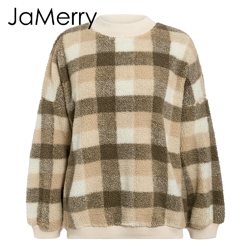Хаки JaMerry, винтажные, повседневные, из овечьей шерсти, в клетку, женские толстовки, свитшоты, пуловер, свободный, женский, толстовка, осень, зима, для девушек, теплое пальто - Цвет: Хаки