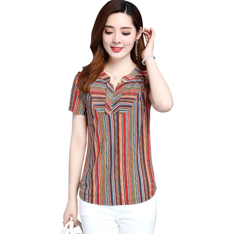 

Women Spring Summer Style Chiffon Blouses Shirts Lady Casual Short Sleeve V-Neck Striped Printed Blusas Tops DF3001