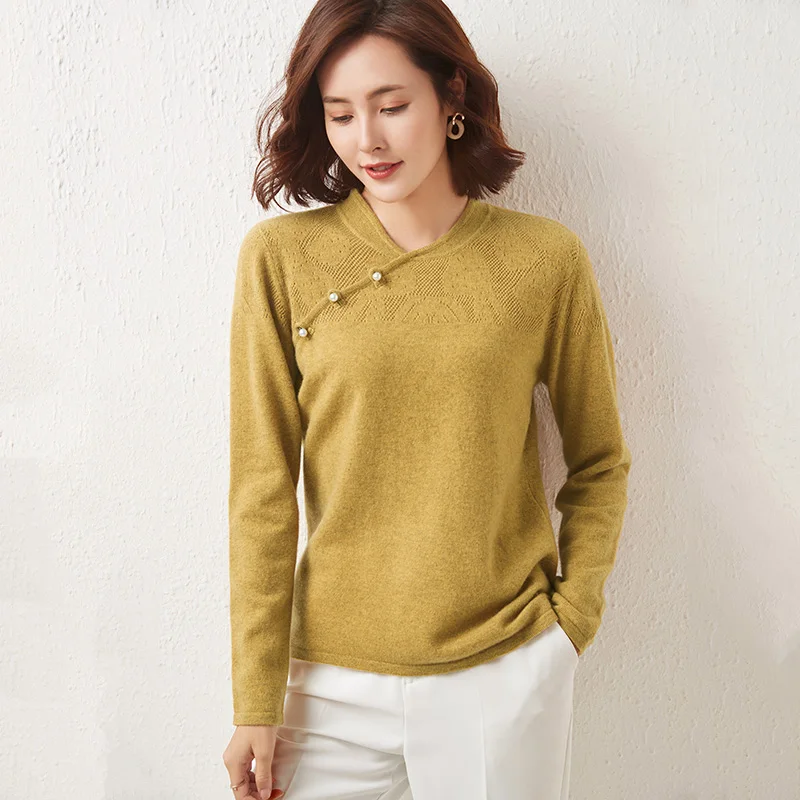 

100% Pure Wool Knitted Jumpers Chinese Cheongsam Women Sweater Oneck Warm Winter Tops Female Full Sleeve Soft Pullovers