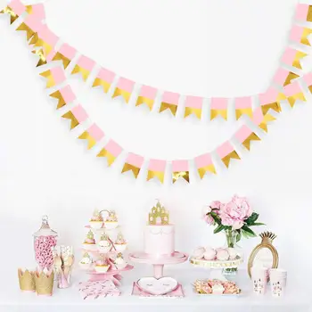 

39.4ft Gold and Pink Banner Party Decorations Gold Fishtail Paper Bunting Banners Hanging Flags Streamers for Baby Shower Décor