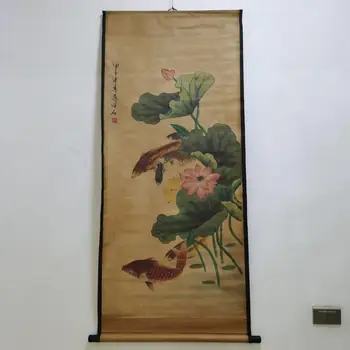 

China Antique collection Calligraphy painting Two fish love Lotus painting home decor mural wallpaper