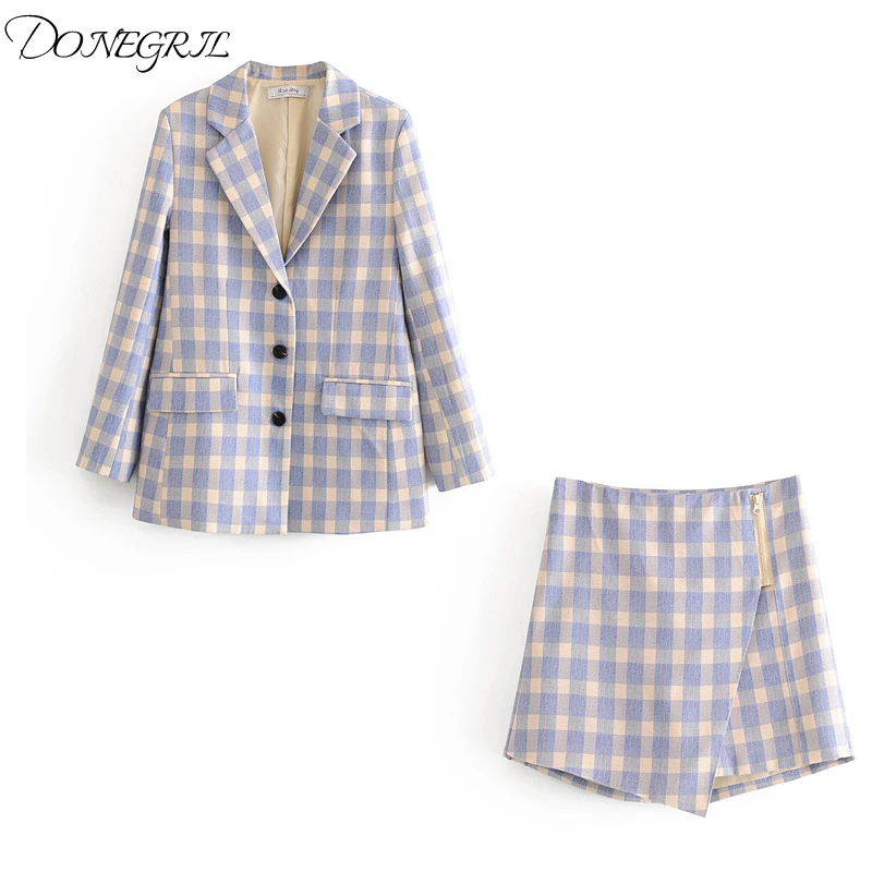 2020 Autumn New Style Blue White Gingham Plaid Print Blazer High Waist Shorts Pants Women Long Sleeve Suits 2 Pieces Set |