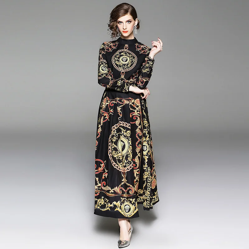 

Autumn Vintage Court Dress Brock Long Sleeve Positioning Print Temperament Dress Free Shipping z-10-479