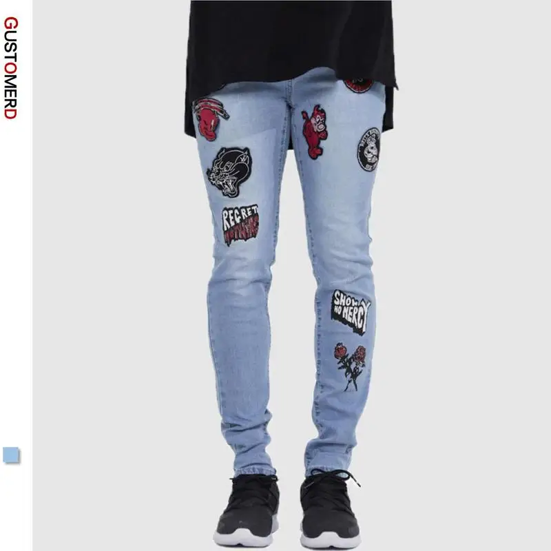 Мужские джинсы в стиле скинни темно-синие однотонные с промывкой Повседневная