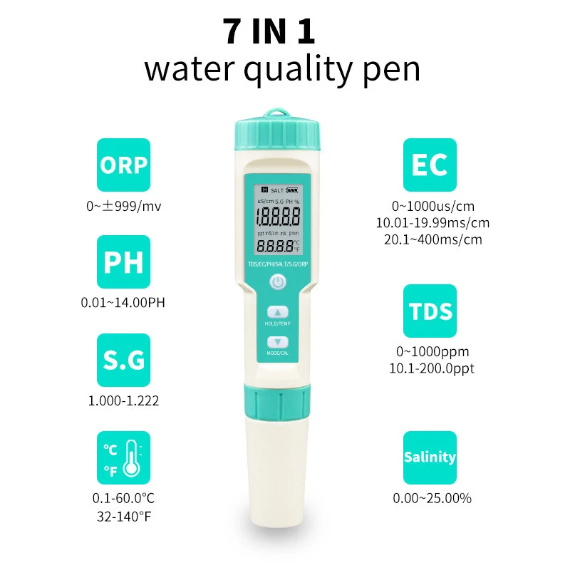 

7-In-1 Water Quality Testing Meter Detector PH TDS TEMP EC Salinity SG ORP Seawater Analysis Areometer Gravitometer Aquarium