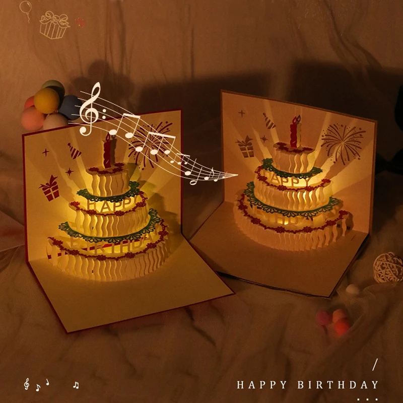 3D Pop Up Light Greeting Card Happy Birthday Music Postcard Blessing Gift Cards. 