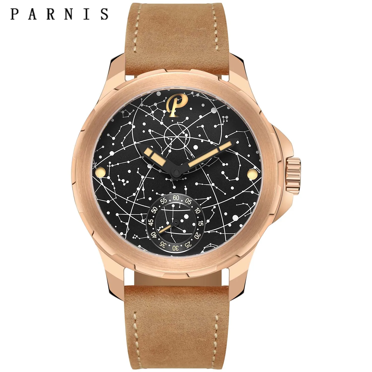 Parnis 44mm 2021 Top Luxury Fashion Luminous Watch gold Case Sapphire Glass Hand-Winding Mechanical Wristwatches men watch | Наручные