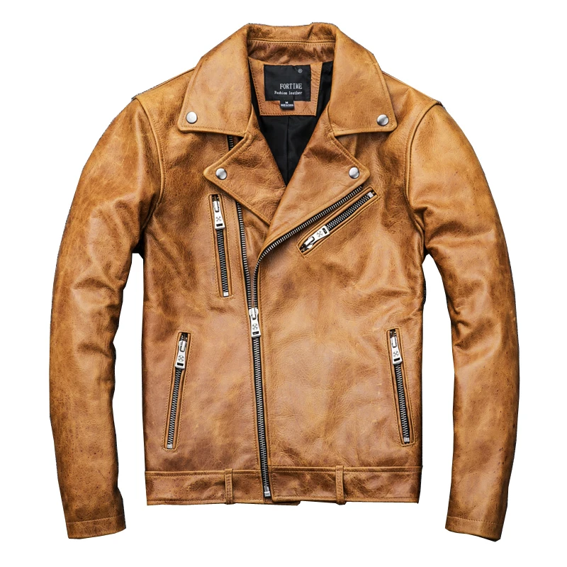 

2019 Vintage Men's Yellow Genuine Leather Jackets Oil Wax Motorcycle Jackets 4XL Cowhide Biker Coat for Male