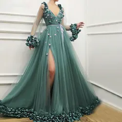 Green Sexy High Side Slit Evening Dresses A-line V-neck Tulle Prom Gowns Long Sleeves Flowers Appliques Custom Vestidos De Festa